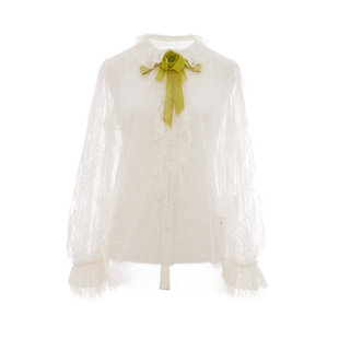 可可尼COCOON商场同款时尚上衣2025秋冬新款女喇叭袖蝴蝶结蕾丝衫