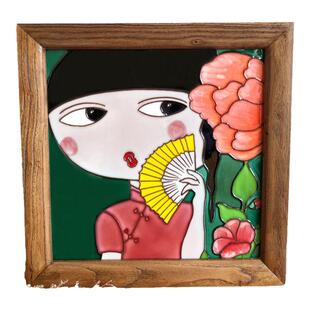 电表箱装饰挂件立体手绘浮雕瓷板风化老榆木框装饰画书房有挂钩框