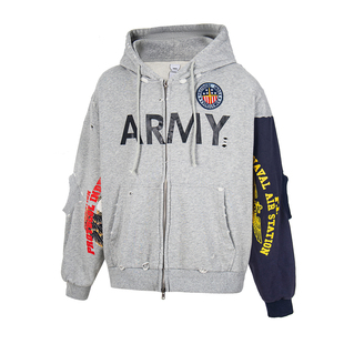 Protocol index 拼接做旧破坏开衫外套美式高街男女宽松连帽卫衣