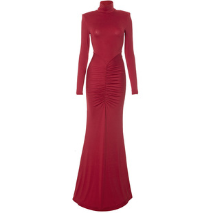欧美女装高领长袖带垫肩缩褶包臀紧身拖地鱼尾裙红色宴会晚礼服女