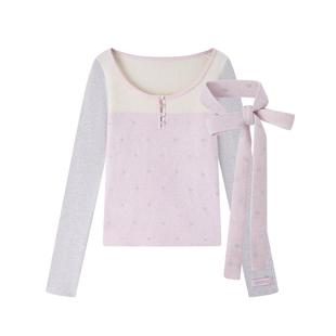 王子璇同款 胶囊系列ablueberry拼色飘带毛衣女小众韩系甜美上衣