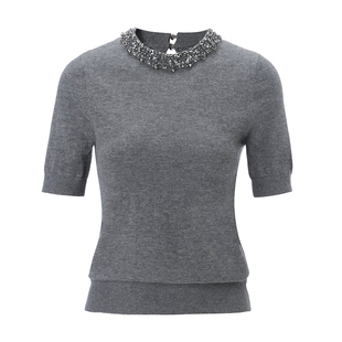 EVAOUXIU100绵羊毛针织衫2026新商场同款春季钉珠装饰短袖毛衣女