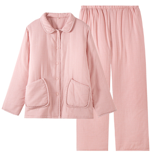 纯棉三层夹棉睡衣女秋冬加厚空气棉家居服套装格子棉袄保暖可外穿