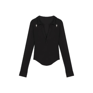 楠哥微胖mm辣妹纯欲黑色长袖T恤女大码弹力修身V领性感打底衫显瘦