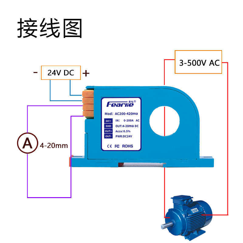 丰七牌交流电流变送器模块输出4-20mA单相穿孔芯电压传感器0-400A