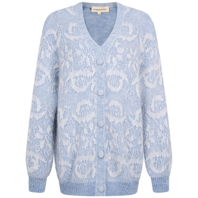 宝姿PORTSPURE女装冬季蕾丝图案V领针织开衫