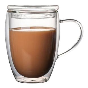 耐高温玻璃杯双层隔热水杯家用杯子带手柄带盖冷饮牛奶杯玻璃咖啡