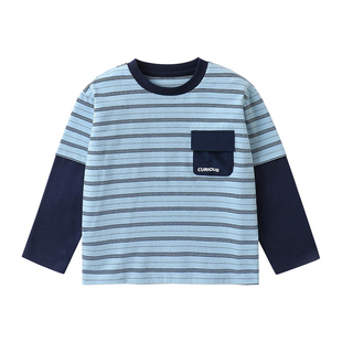 右欧儿童拼接条纹T恤男童春秋假两件内搭小宝宝打底衫透气不闷汗