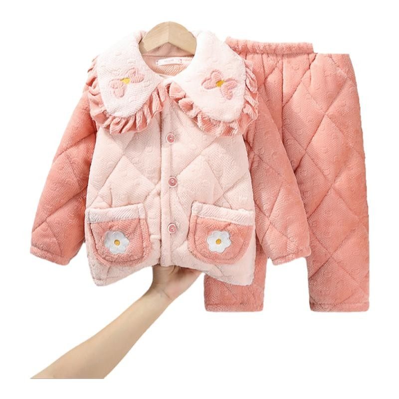 冬季新款女童牛奶绒睡衣套装三层加厚夹棉法兰绒女孩宝保暖家居服