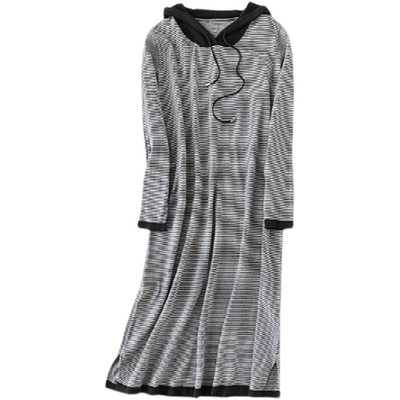 黑白条纹中长款真丝长袖裙子