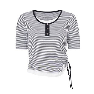 恩瑞妮商场同款2025年秋季新款黑色镶边针织条纹短袖假两件女上衣