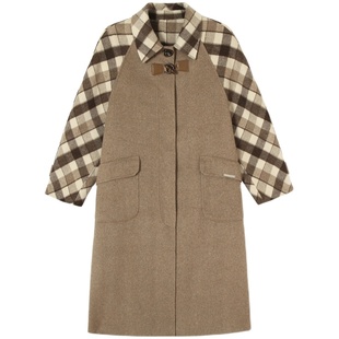 WhyBerry 23AW“榛果拿铁”撞色格纹长款大衣保暖百搭复古外套