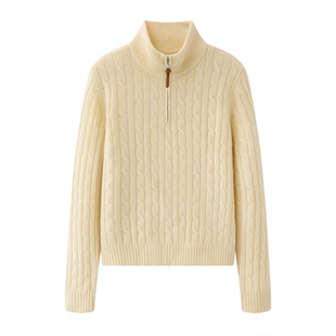 艾诺丝尚忆2025冬季新品款立领羊毛半拉链绞花针织毛衣上衣女0122