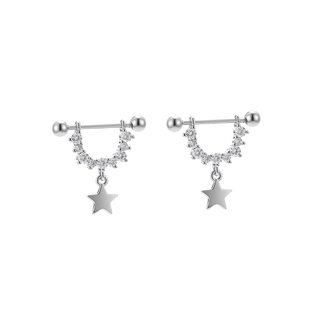 U型直针五角星星吊坠耳环女款钛钢锆石耳钉耳骨钉耳扣耳圈耳饰男