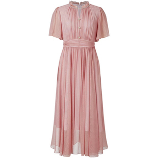 现货音影儿2025夏季新款珂家同款优雅钉钻收腰金丝飘逸中长连衣裙