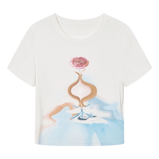 NEELLY纳俪商场同款夏季绝美T恤女圆领时尚百搭印花短袖chic上衣