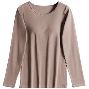 带胸垫长袖T恤女秋冬款免文胸罩杯一体纯棉打底衫家居服睡衣上衣