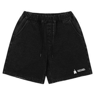 鹿家门国潮大码水洗印花黑色牛仔短裤男士美式复古宽松休闲裤子