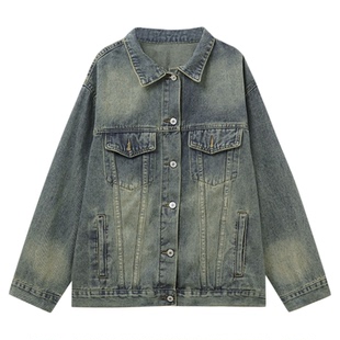 复古牛仔外套女新款时尚百搭Polo领宽松显瘦短款休闲港味夹克上衣