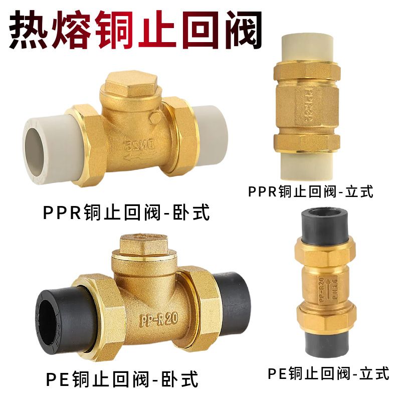 热熔铜止回阀PPR双活接单向阀水表逆止阀铜卧式PE立式止回阀20 25