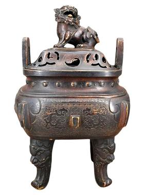 纯铜双耳薰炉香炉茶道家用室内办公室瑞兽狮子复古四足摆件客厅