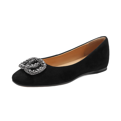 哈森质感绒面水钻扣饰浅口单鞋粗中跟通勤女鞋2026新款HS262802