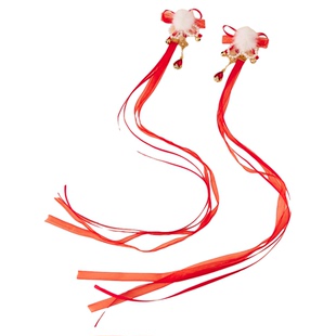 汉服女童冬款儿童红色喜庆长款流苏发带女孩古风仙气毛球飘带头饰