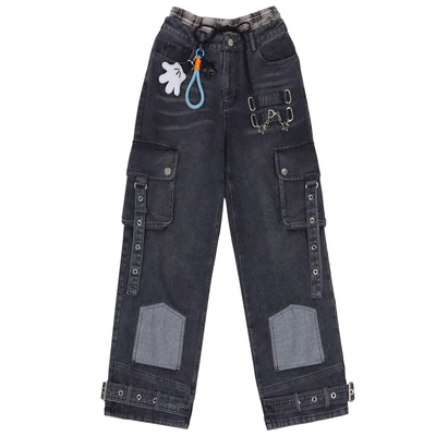 多口袋松紧腰双裤腰假两件牛仔裤