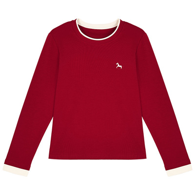 韩系正肩拼接长袖T恤女内搭上衣