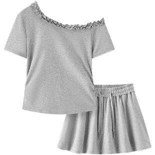 [商场同款]森马套装女A字短裙斜肩木耳边短上衣2025夏新款两件套