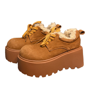 真皮羊毛糖果色松糕厚底乐福鞋女加绒毛毛鞋百搭小个子增高小皮鞋