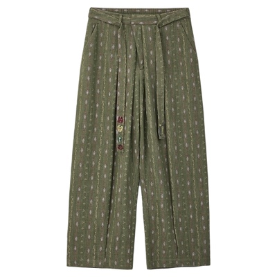 品牌印花面料刺绣绑带西裤直筒