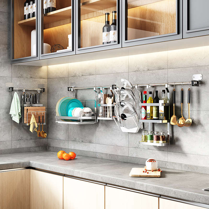 加厚厨房置物架挂杆304不锈钢碗碟碗架沥水架多功能壁挂式收纳架