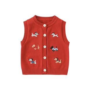 贝肽斯儿童针织马甲秋冬加厚婴儿背心保暖坎肩红色开衫宝宝上衣S