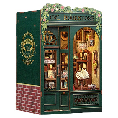 CuteBee木质猫头鹰书店微缩模型