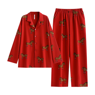 悦内睡衣女春秋季纯棉长袖家居服复古红色本命年马年新婚结婚套装