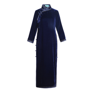 玲玉*三重门新款2025真丝绒修身长袖秋冬款式旗袍桑蚕丝优雅长款