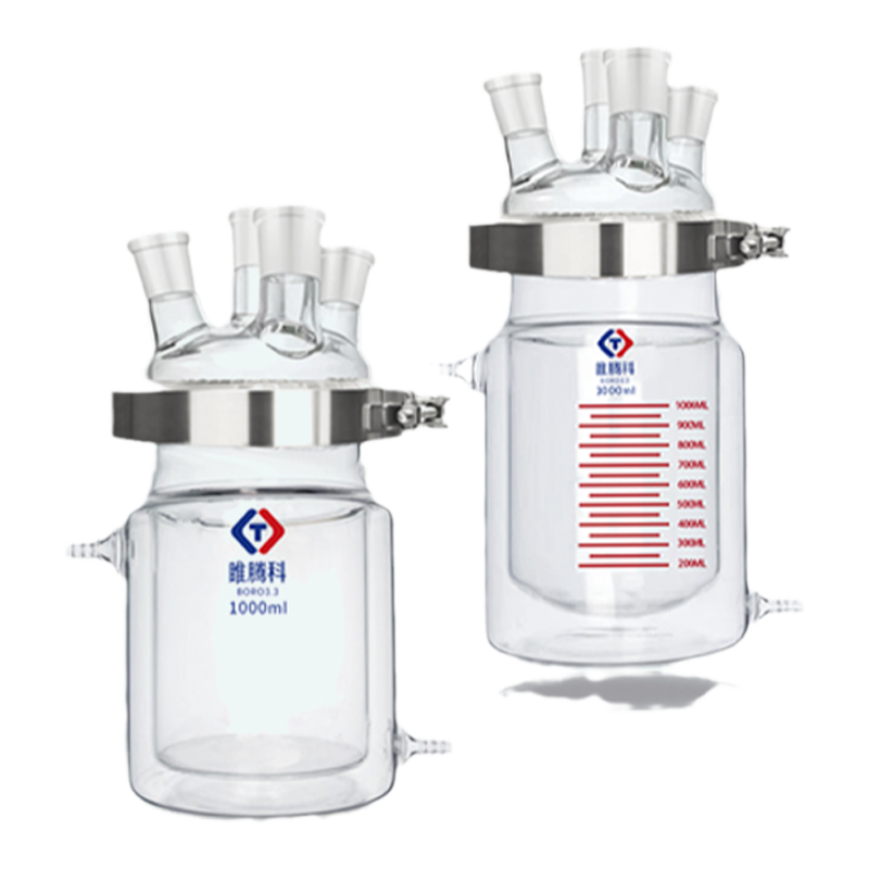 开口反应器玻璃反应釜双层平底烧杯三口反应瓶分体式四口烧瓶250ml500ml1000ml5000ml2000ml开口夹套