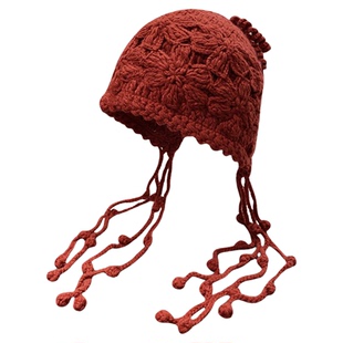 手工钩花流苏包头帽女出游度假百搭保暖护耳帽双层针织套头帽秋冬