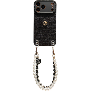 lizardhill 秋冬天黑色山茶花适用苹果17promax手机壳新款16pro男女iphone15斜挎可背带挂绳14pro高档13绒布