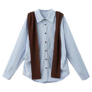 夕蒙2026新款春韩系气质上衣小个子小众独特别致系带蓝色条纹衬衫