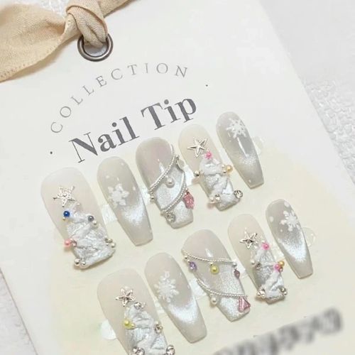 ins秋冬白色圣诞节美甲穿戴甲极光细闪雪花星星圣诞树多巴胺甲片