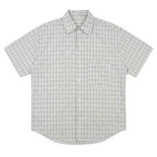 Hualun夏季复古格子褶皱衬衫男细格纹短袖衬衣男款ins潮纯棉上衣