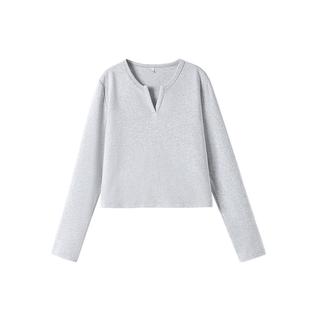 班尼路杏色打底衫内搭秋季2025新款v领修身小个子早秋长袖女t恤H