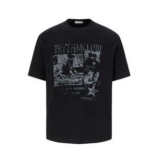 MRNEARLY 美式高街复古摇滚风短袖T恤男潮牌宽松华夫格情侣装上衣