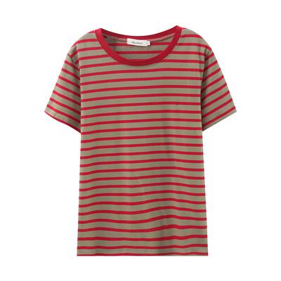 夏装条纹短袖t恤纯棉女士上衣2026新款大码宽松显瘦正肩圆领半袖