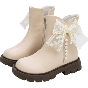 女童靴子小女孩洋气公主靴儿童加绒小皮靴2025秋冬新款短靴二棉靴