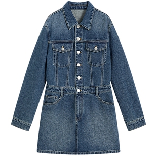 KBNE小个子纯棉翻领法式牛仔连衣裙女2026春季新款长袖收腰显瘦裙