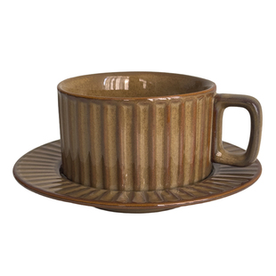 Hi 弗洛伦斯Florence复古竖条纹250mL咖啡色杯碟套勺釉下彩陶瓷杯