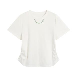 紫涵黑色圆领正肩T恤女士夏季新款后背圆弧系带抽褶设计短袖上衣